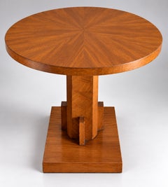 Art Deco Round Burl Wood Pedestal Dining Table with Geometric Sculptural Base