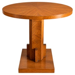 Art Deco Round Burl Wood Pedestal Dining Table with Geometric Sculptural Base