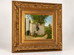 Peinture à l'huile romantique française du XIXe siècle représentant un jeune garçon escaladant un mur en compagnie d'un chien