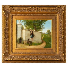 Peinture à l'huile romantique française du XIXe siècle représentant un jeune garçon escaladant un mur en compagnie d'un chien