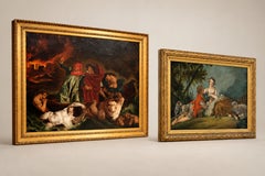 Pair of Large French Oil Paintings After Delacroix & Boucher, Gilt Frames