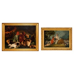 Pair of Large French Oil Paintings After Delacroix & Boucher, Gilt Frames