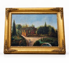 Gemälde eines französischen Gartenhauses aus der Zeit der Romantik des 19. Jahrhunderts, mit kunstvollem, goldfarbenem Rahmen