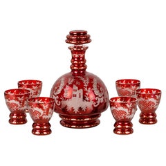 20th Century Bohemian Ruby Red Cut Crystal Decanter and Six Glasses Set