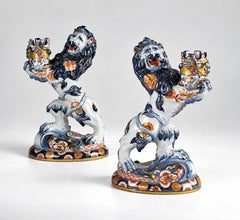Pair of Ceramic Candle Holders, Lions By Emile Gallé, 19th Century