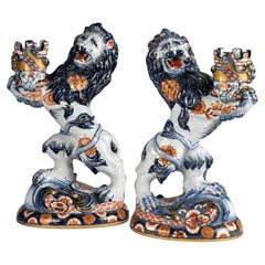 Pair of Ceramic Candle Holders, Lions By Emile Gallé, 19th Century