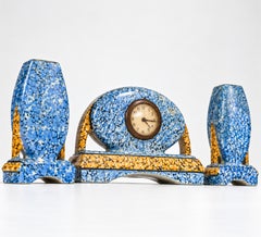 Set of Art Deco Blue Ceramic Majolique Mantel Table Clock