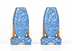 Juego de 2 jarrones de cerámica majólica azul de estilo Art Déco