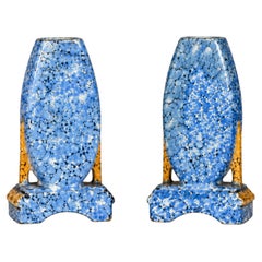 Juego de 2 jarrones de cerámica majólica azul de estilo Art Déco
