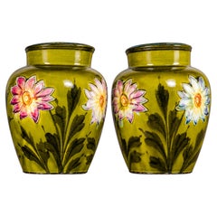 Art Nouveau Pair Of Barbotine Vases, Green, Floral, France, 1900s