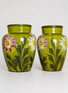Art Nouveau Pair Of Barbotine Vases, Green, Floral, France, 1900s