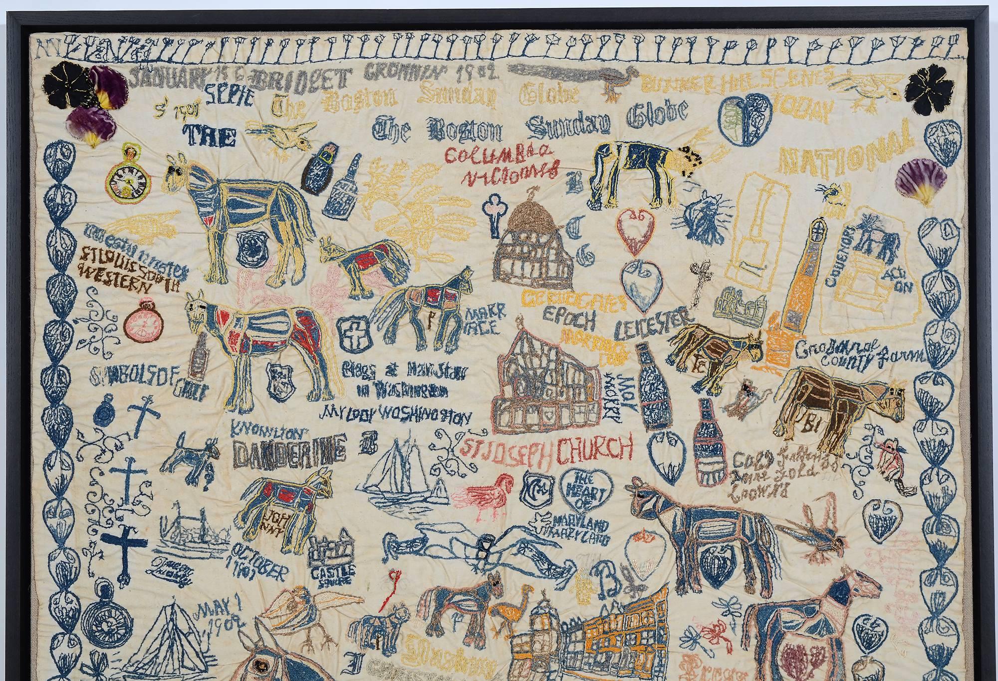 It is difficult to categorize this unique embroidered piece so I have termed it as needlework graffiti. It is a collection of animals; buildings; ships; clocks; flowers; flags; hearts and bottles. There are references to several newspapers including
