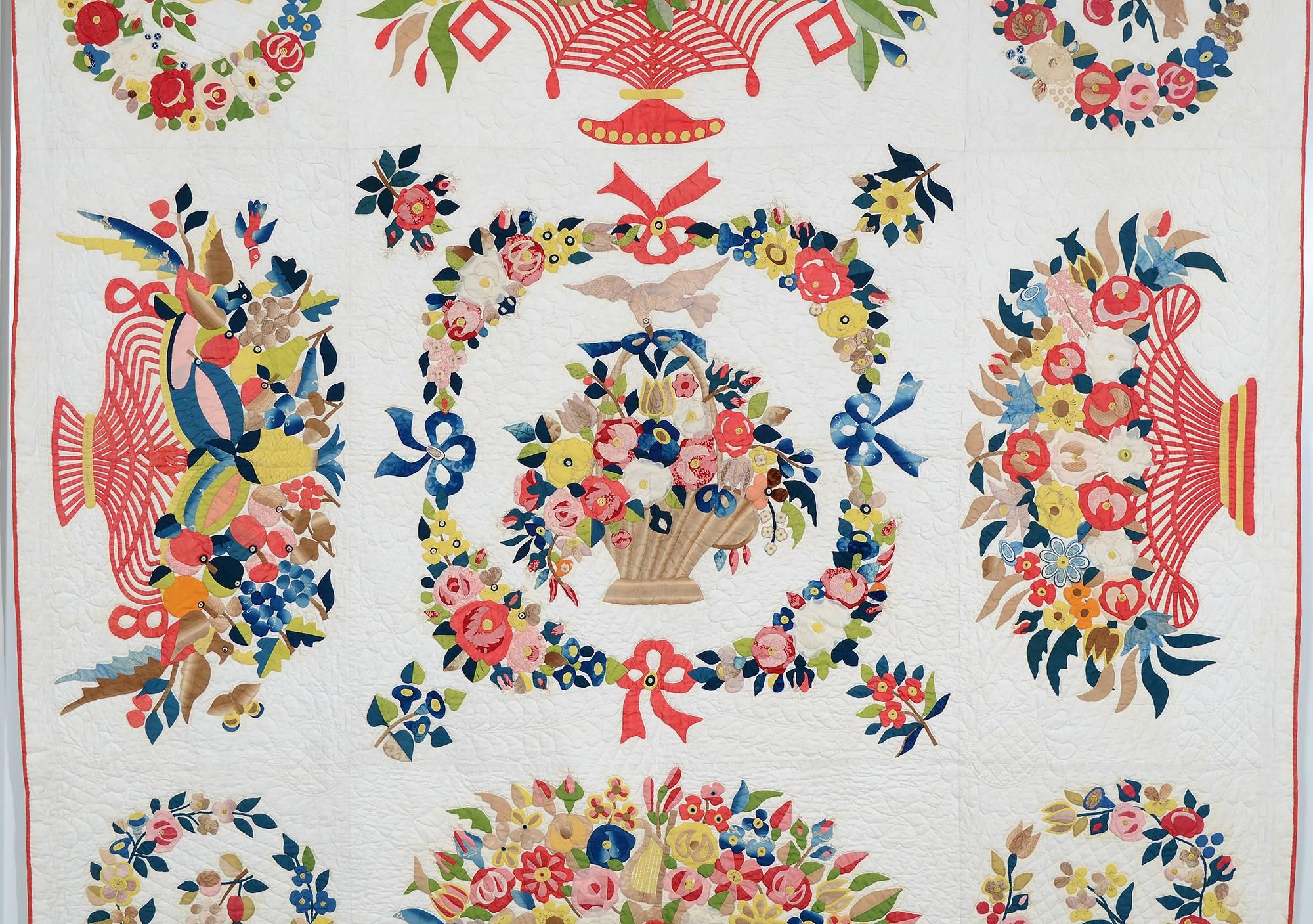 This elaborate Baltimore Album quilt is one of the finest examples of its type. All nine appliqued blocks seem to by the hand of Mary Evans who was known for creating the most elaborate, high style album quilt blocks.
Five different floral baskets