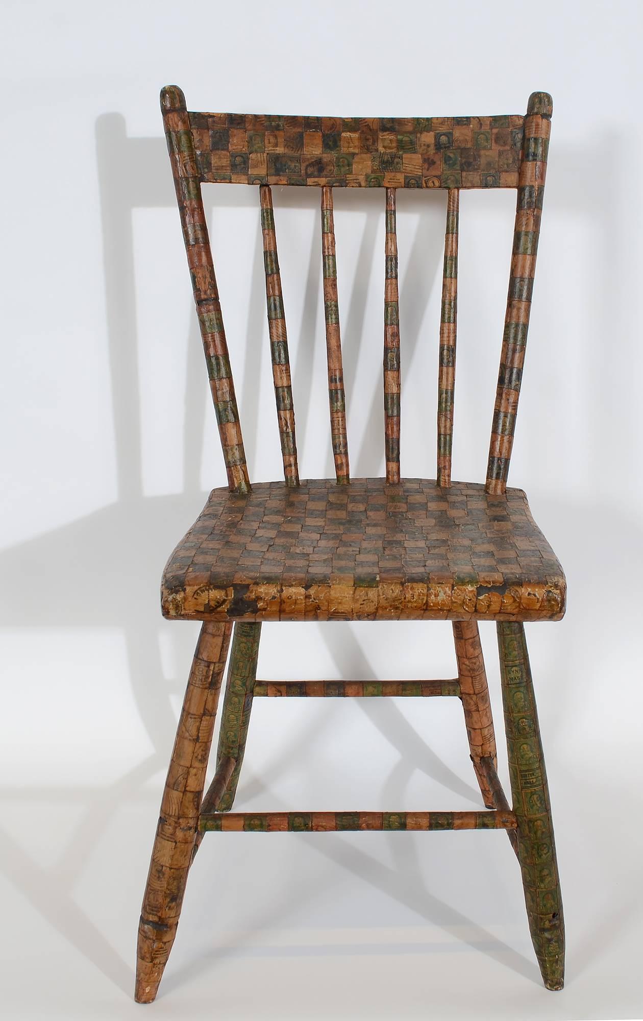 This plank seat side chair has been entirely obsessively decoupaged with American postage stamps. Not being a philatelist, I can only guess that the stamps date to the late 19th century, although the chair itself is earlier. The stamps are mostly 1