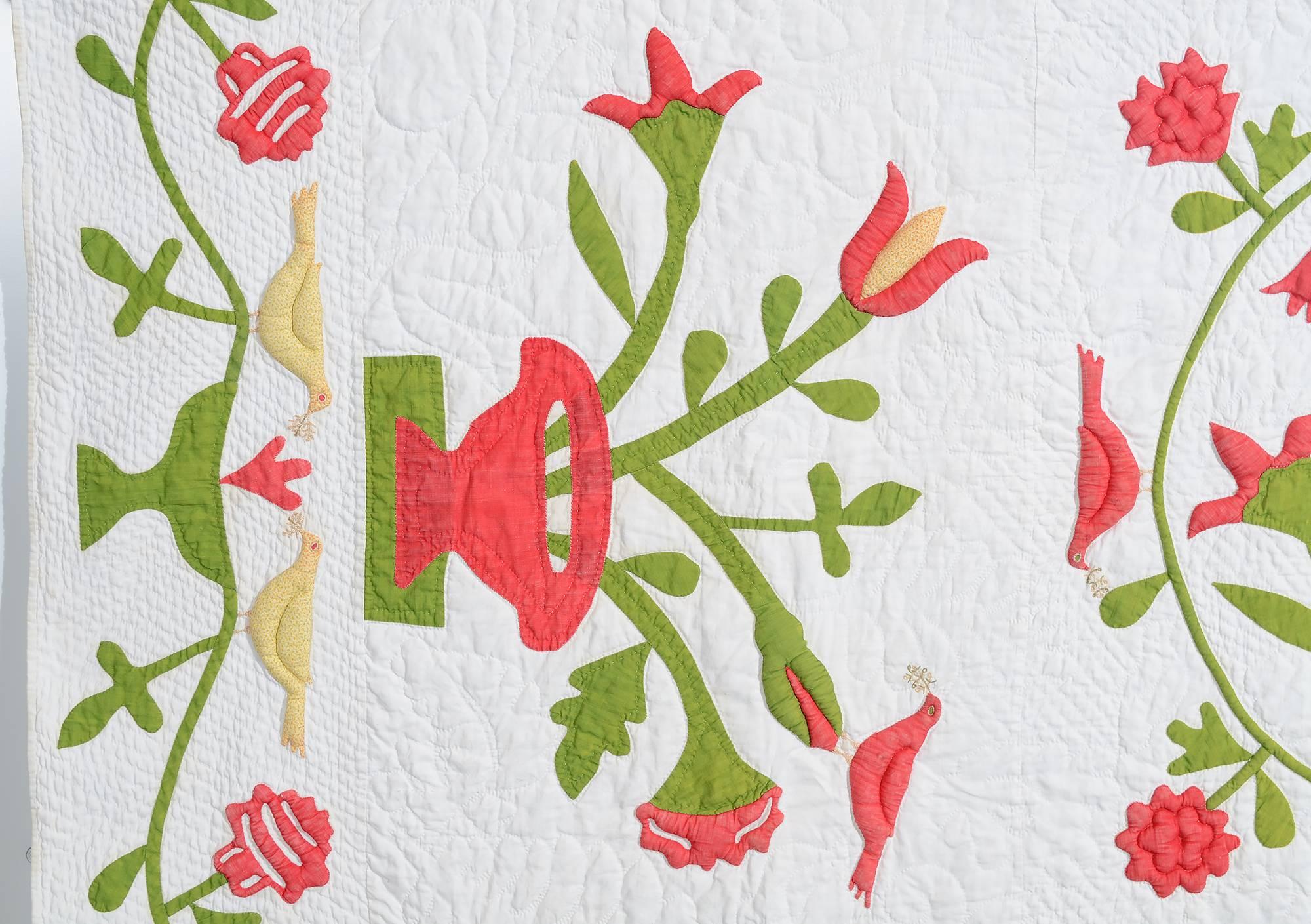 Mid-19th Century Stuffed Applique Quilt with BirdsB