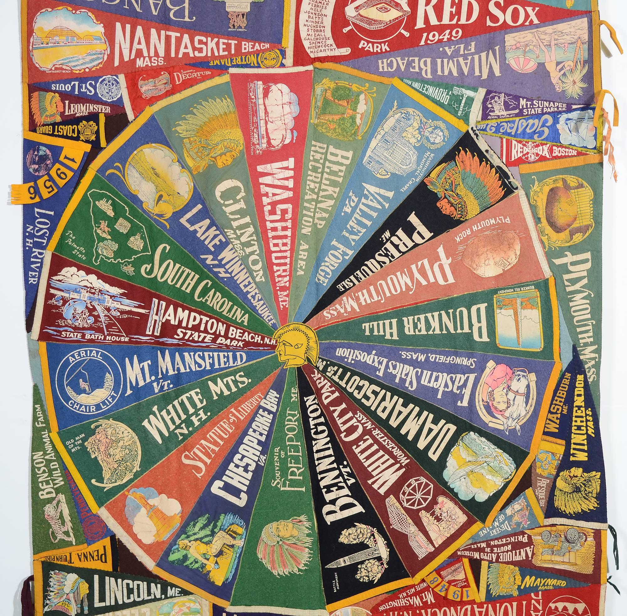 This original piece of textile nostalgia is made of pennants from points of interest primarily in the eastern United States and several in Canada. In addition, pennants from Dartmouth; N.Y.U; Notre Dame and the Coast Guard are included.
Perhaps