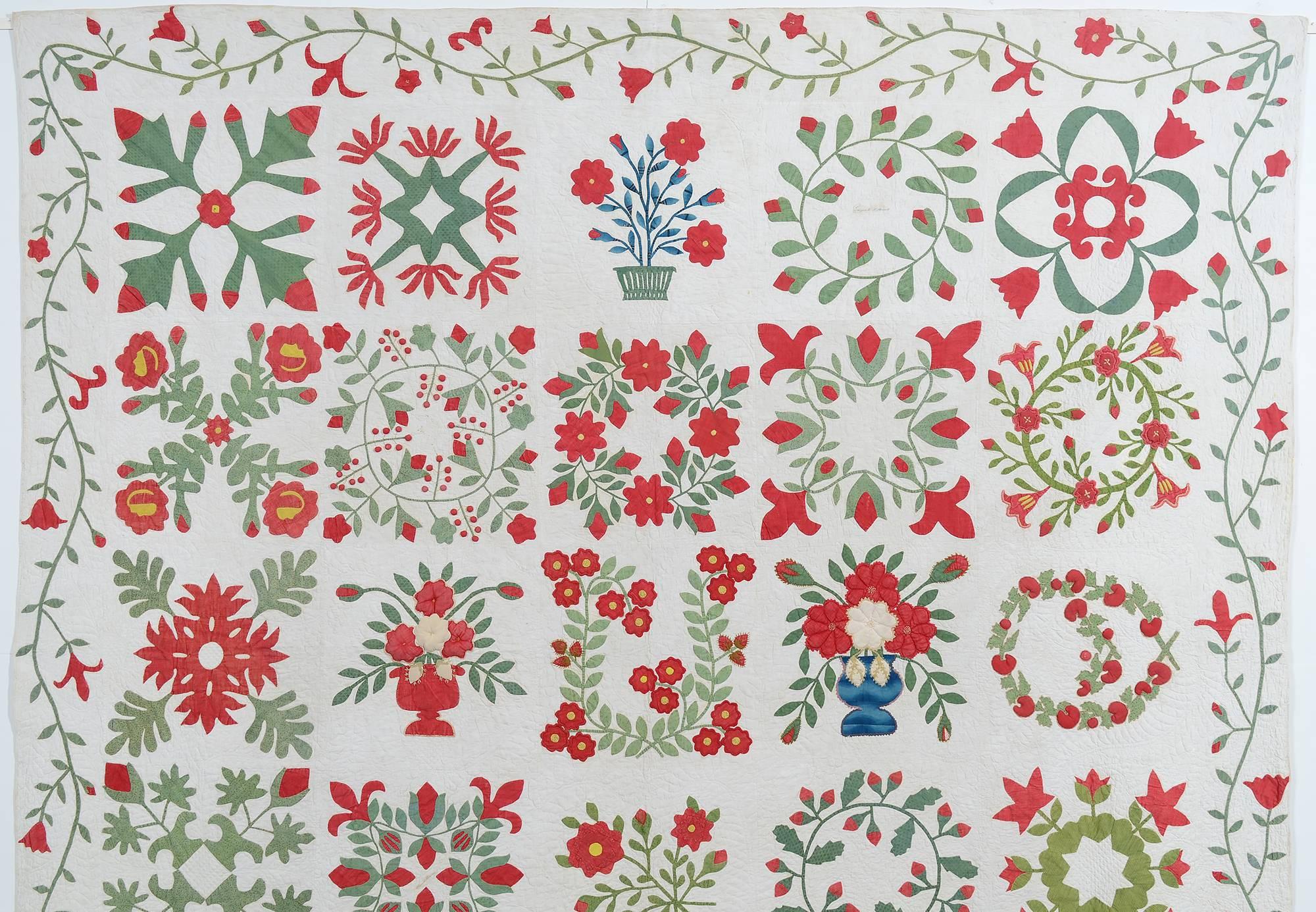 This Classic Baltimore album quilt has all of the fine needlework that one expects to find in this most prized category of 19th century quilts.
It is beautifully quilted with tiny stitches and graceful patterns that wraparound the appliqued blocks.