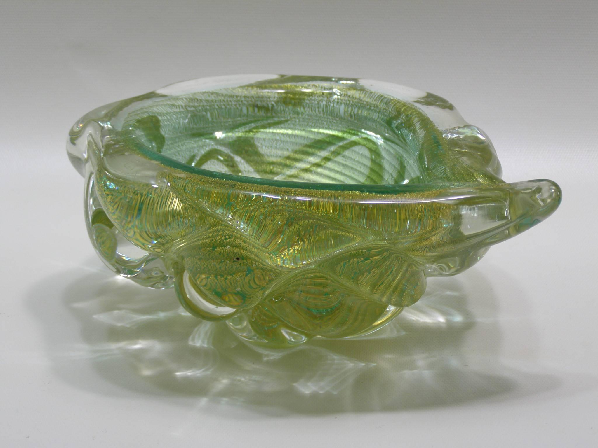 Gorgeous Murano glass handblown thick glass dish in emerald green and filled with aventurine (gold-leaf flecking). Beautiful pattern inside and outside.