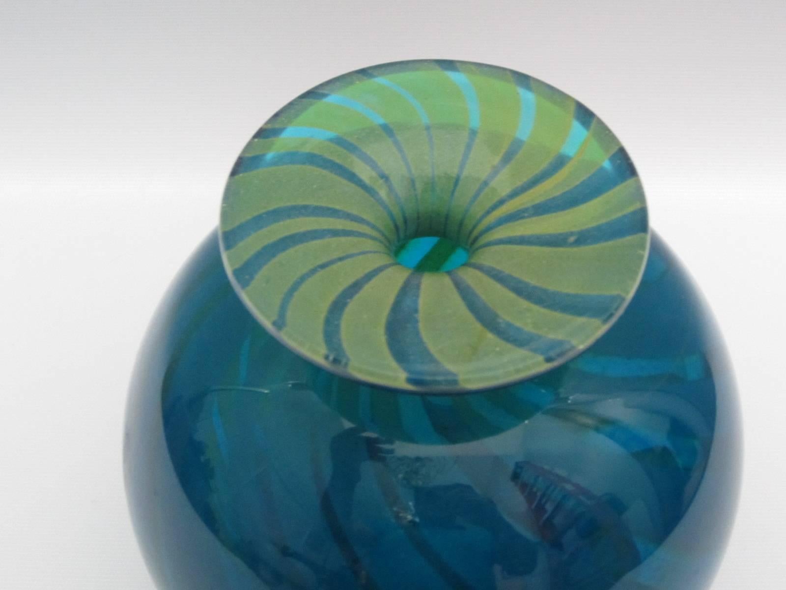 Italian Blown Art Glass Vase in Blue and Green Swirl, Signed 2