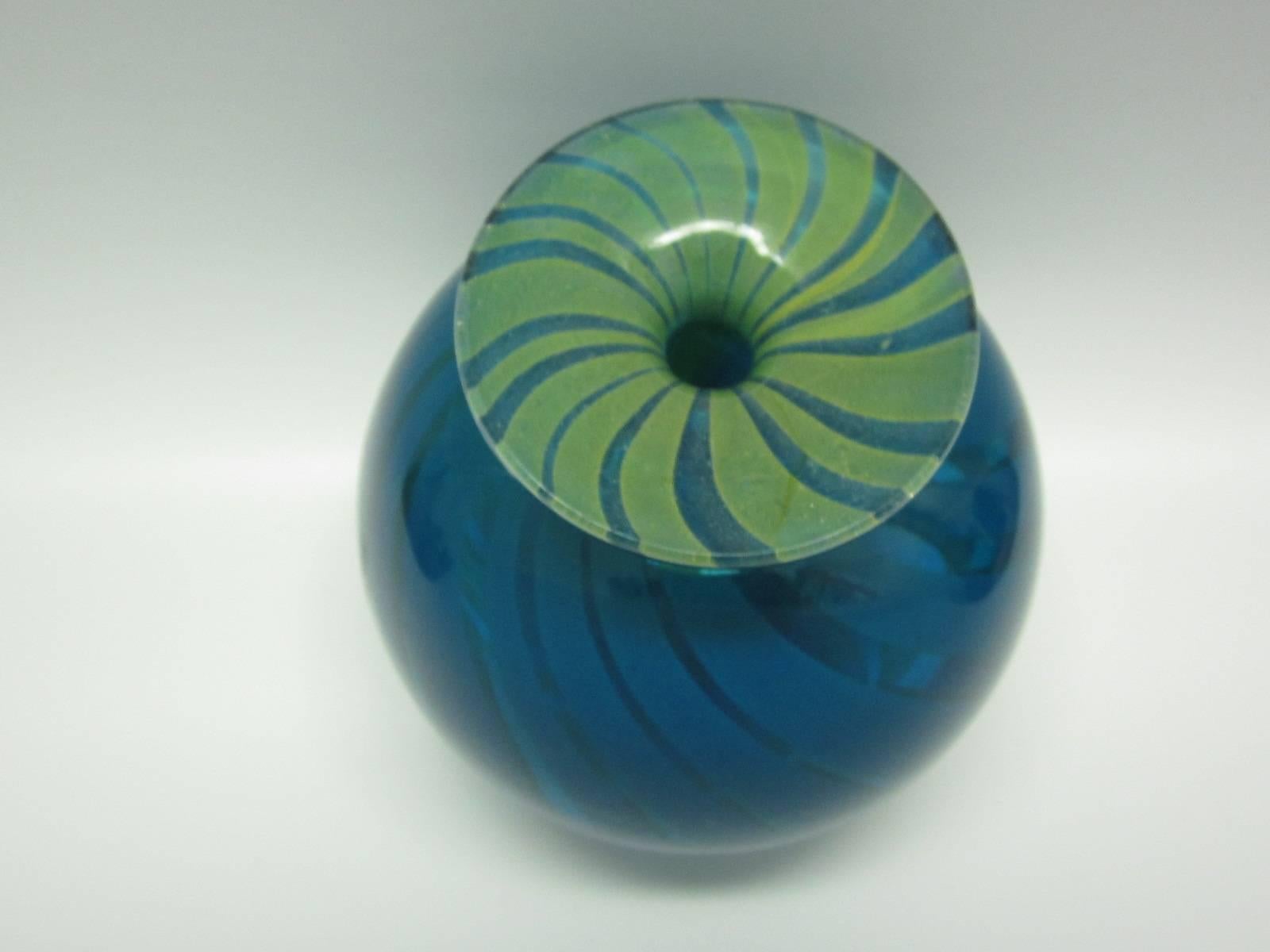 Italian Blown Art Glass Vase in Blue and Green Swirl, Signed 3