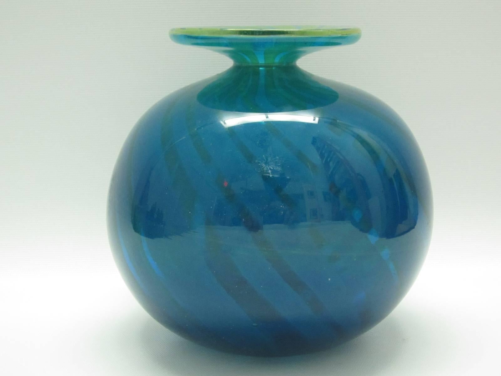 Italian Blown Art Glass Vase in Blue and Green Swirl, Signed In Excellent Condition In Miami, FL