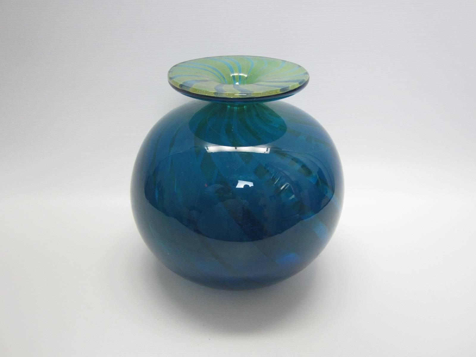Late 20th Century Italian Blown Art Glass Vase in Blue and Green Swirl, Signed