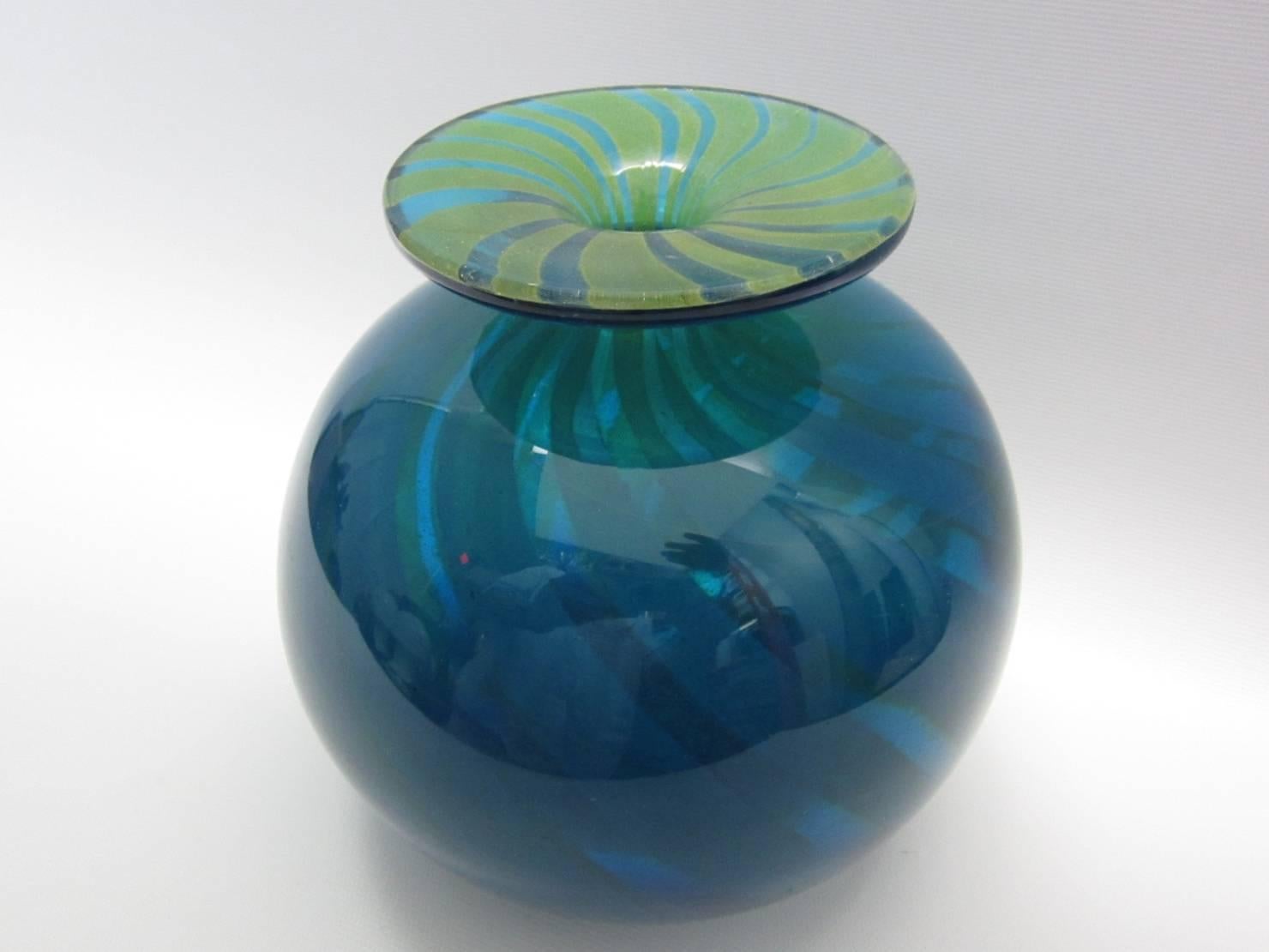 Italian Blown Art Glass Vase in Blue and Green Swirl, Signed 1