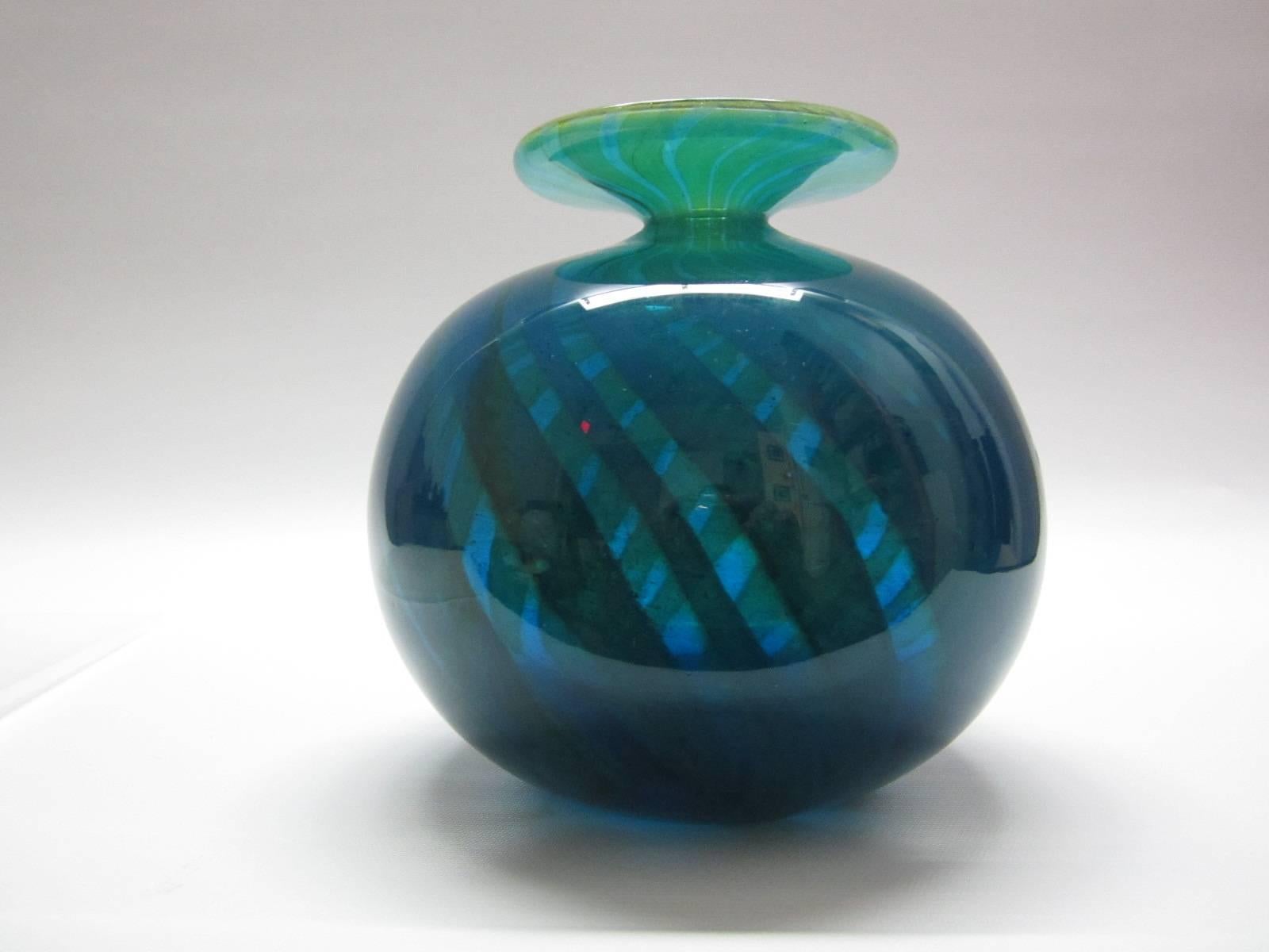 Italian Blown Art Glass Vase in Blue and Green Swirl, Signed 5