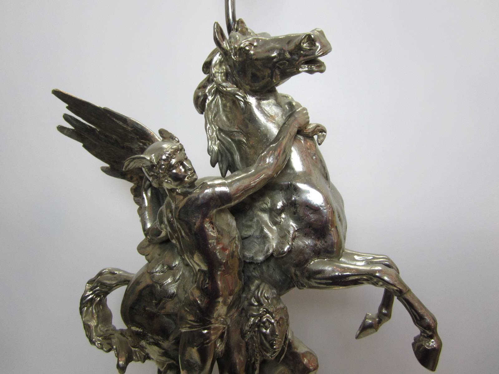 20th Century Pegasus with Bellerophon Lamp in Nickeled Metal