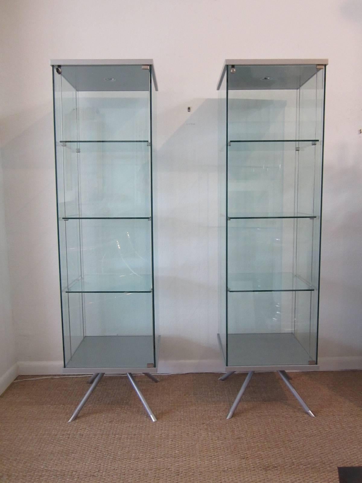 Pair of Italian Glass and Metal Lighted Vitrines with Suspended Glass Shelves    2