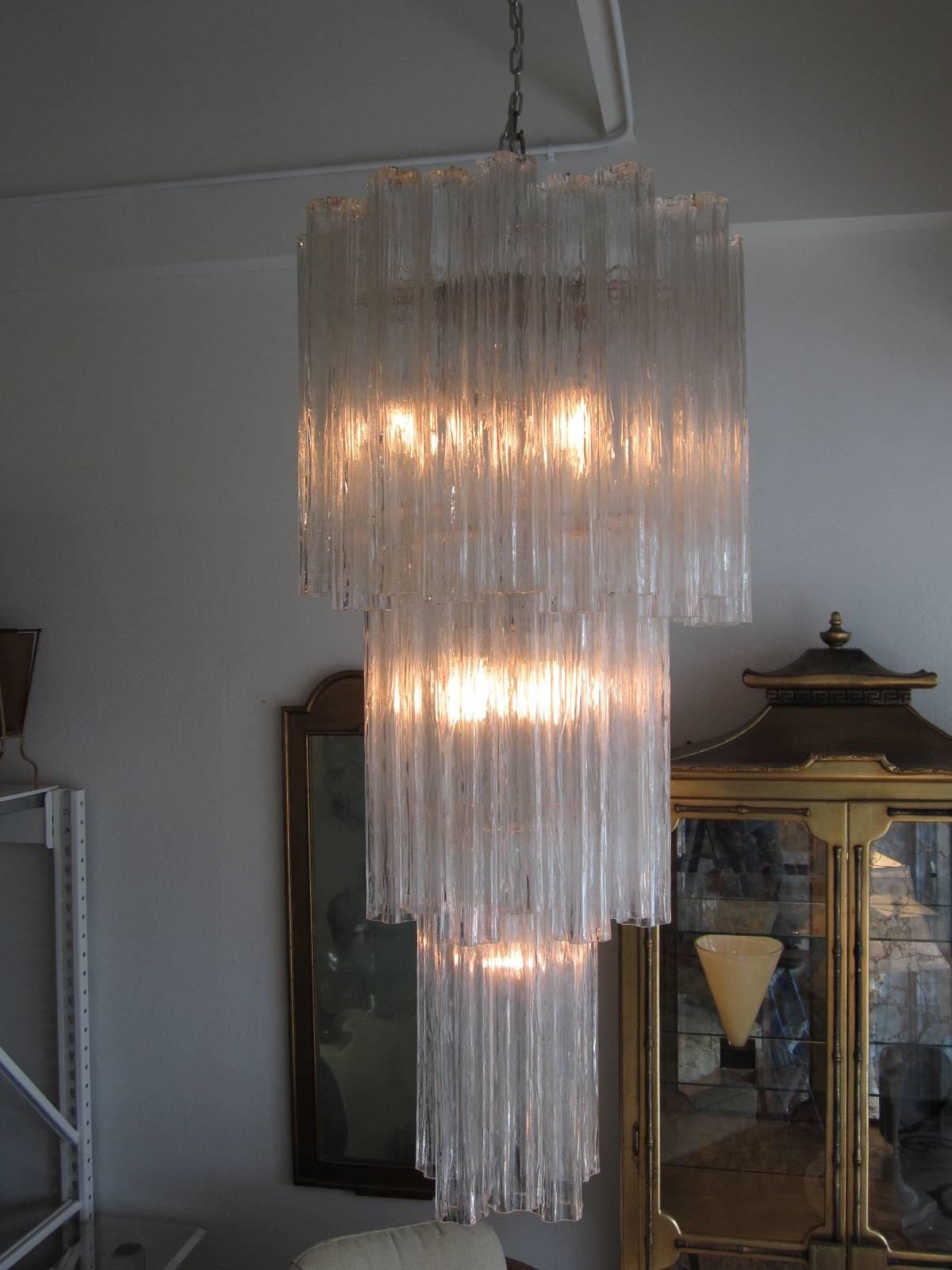 Italian Long Elegant Three-Tier Murano Glass Tronchi Chandelier by Venini and Camer Glas