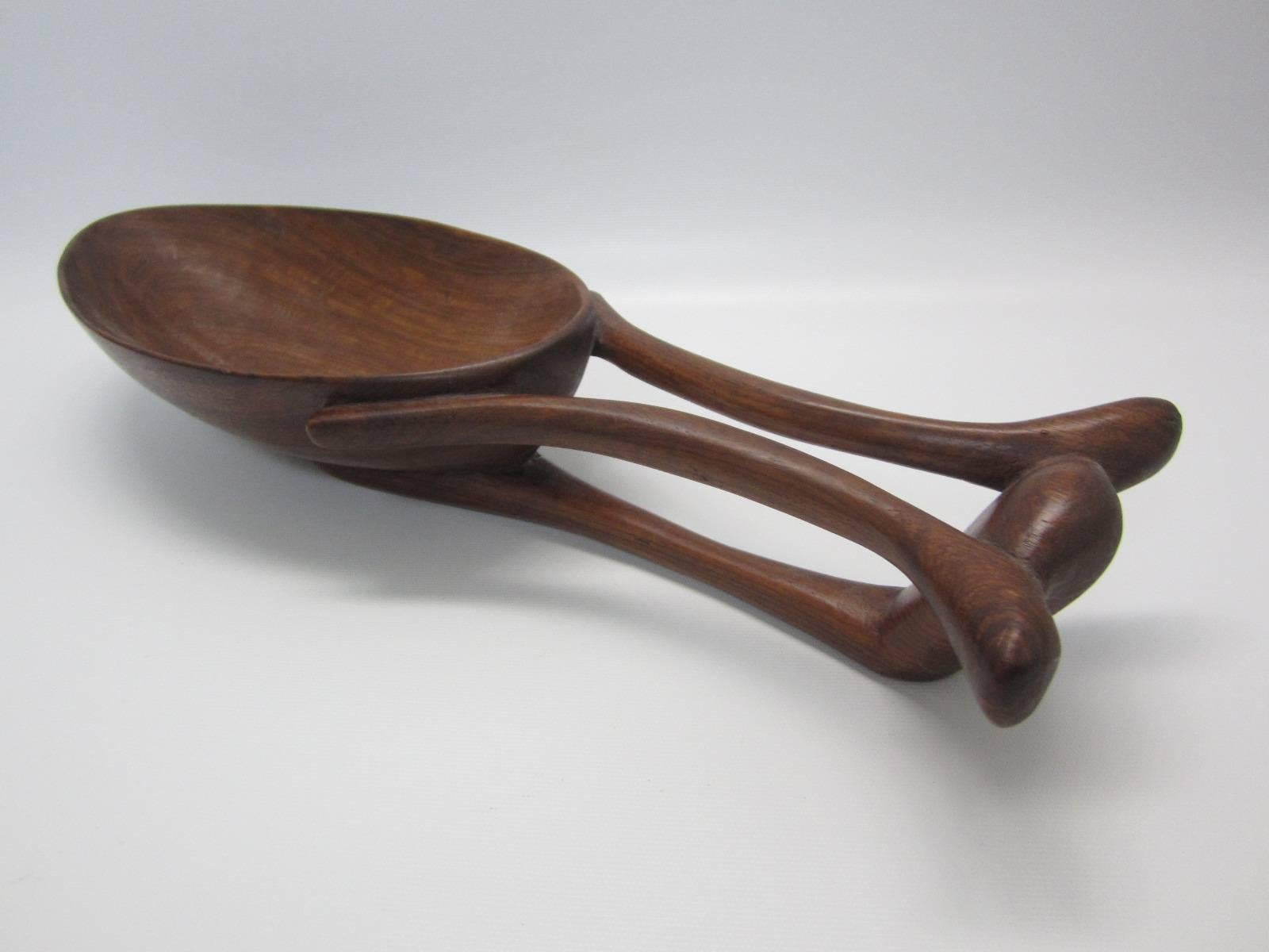 Mid-Century Modern Hand-Carved Wood Bowl with Intricate Carved Handle For Sale