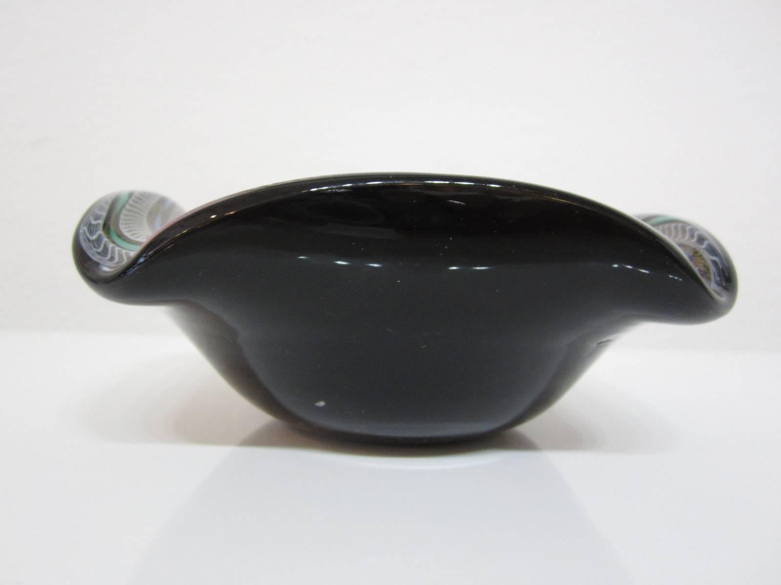 Handblown Multi-Colored Lattticino on Black Murano Glass Bowl In Excellent Condition For Sale In Miami, FL