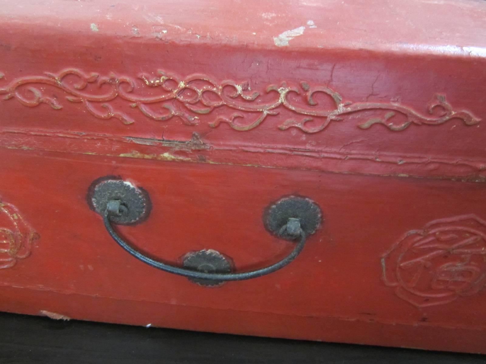 Iron Early 1900's Embossed Lacquer Chinese Wedding Chest