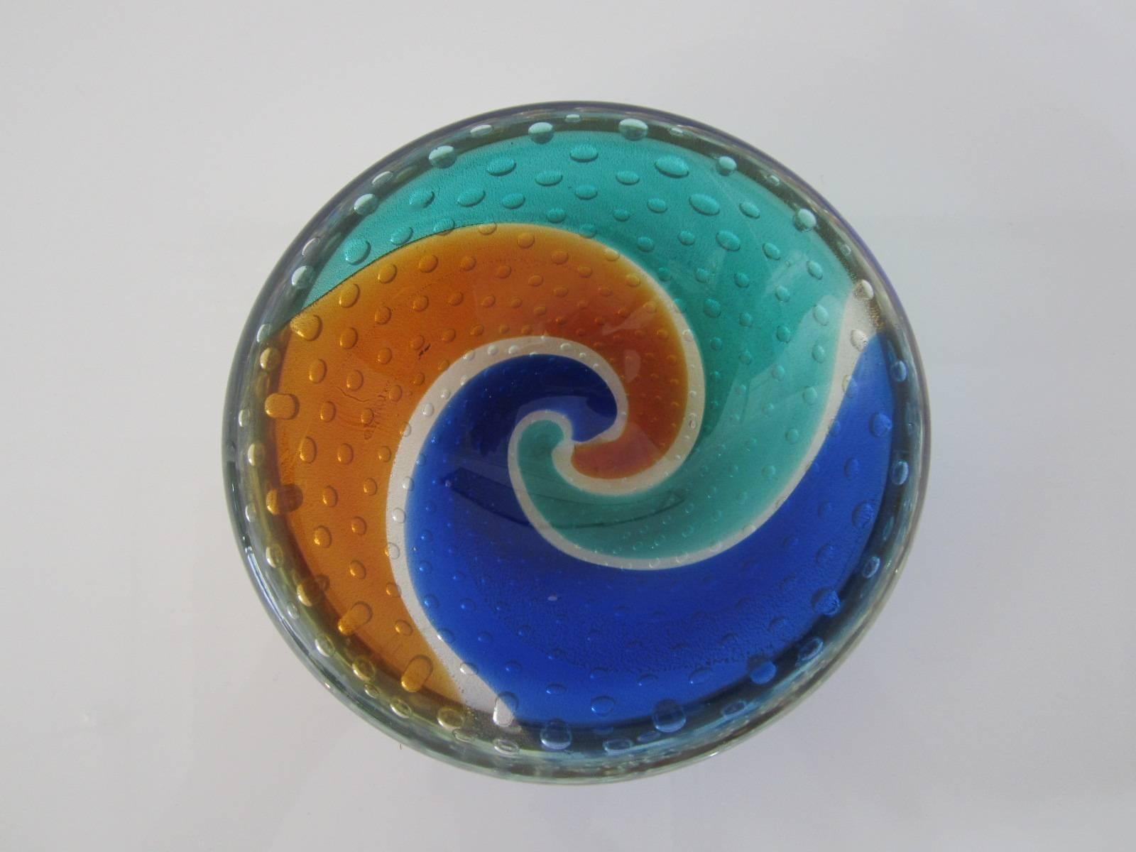 Mid-20th Century Handblown Murano Glass Bowl with Color Swirl and Bubble Inclusions For Sale