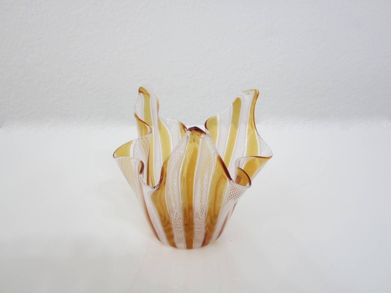 Mid-Century Modern Handblown Murano Glass Amber and White Latticino Handkerchief Bowl