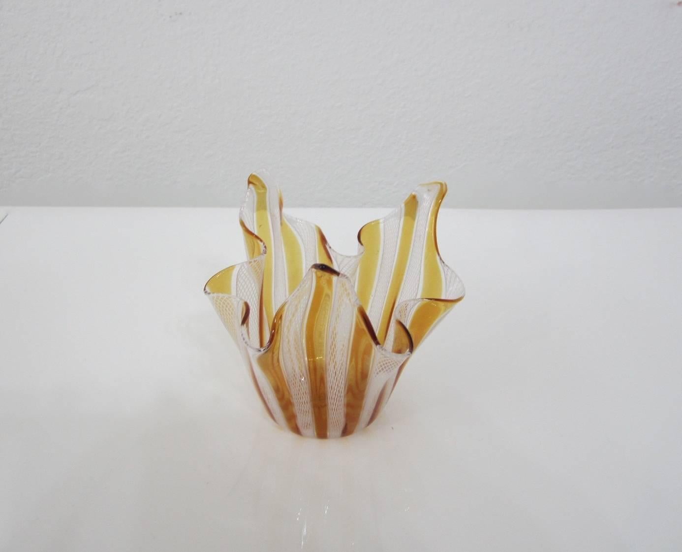 Italian Handblown Murano Glass Amber and White Latticino Handkerchief Bowl