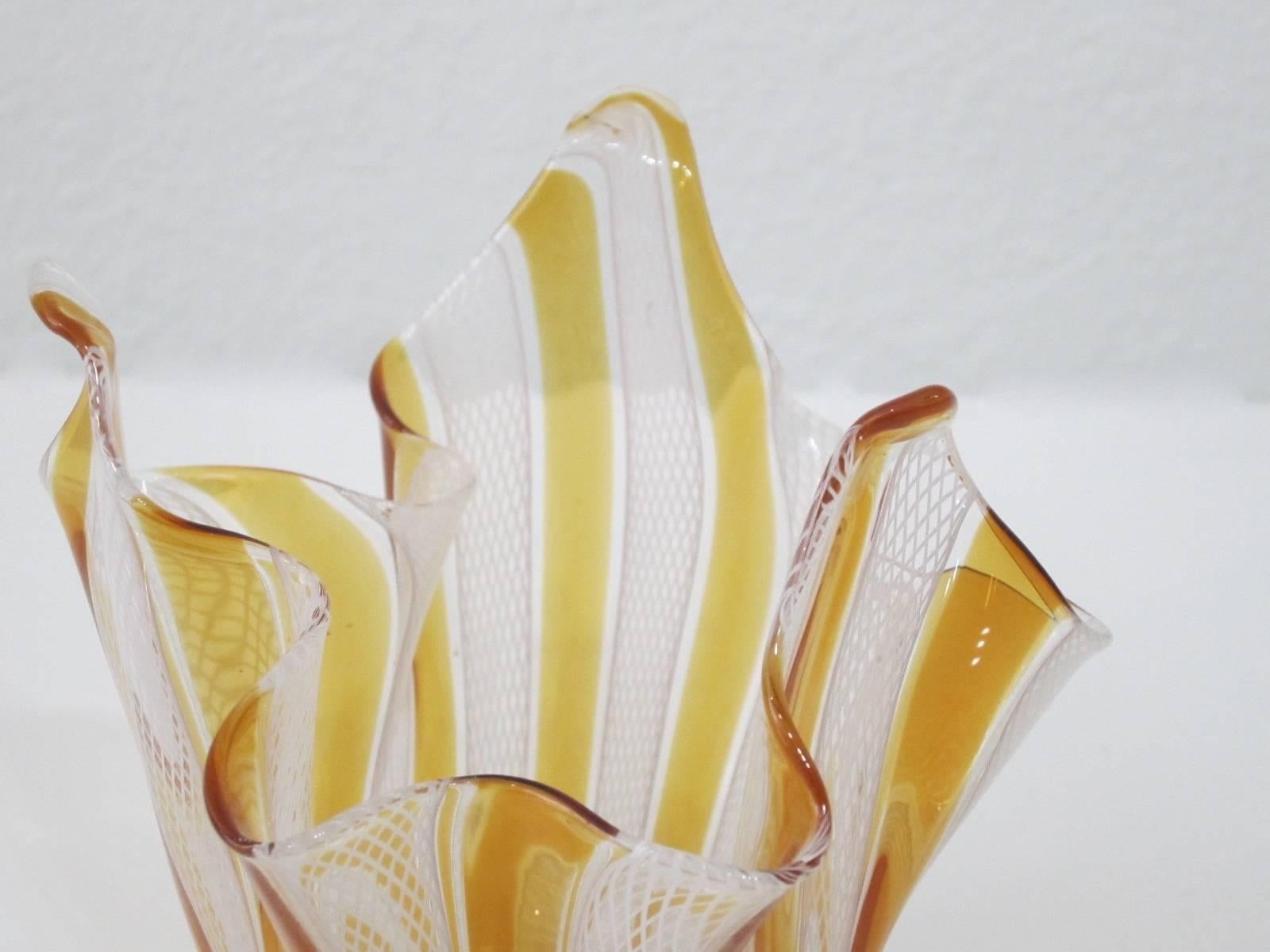 Blown Glass Handblown Murano Glass Amber and White Latticino Handkerchief Bowl
