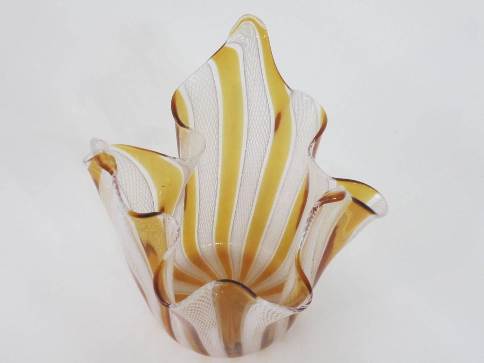 Handblown Murano Glass Amber and White Latticino Handkerchief Bowl 1