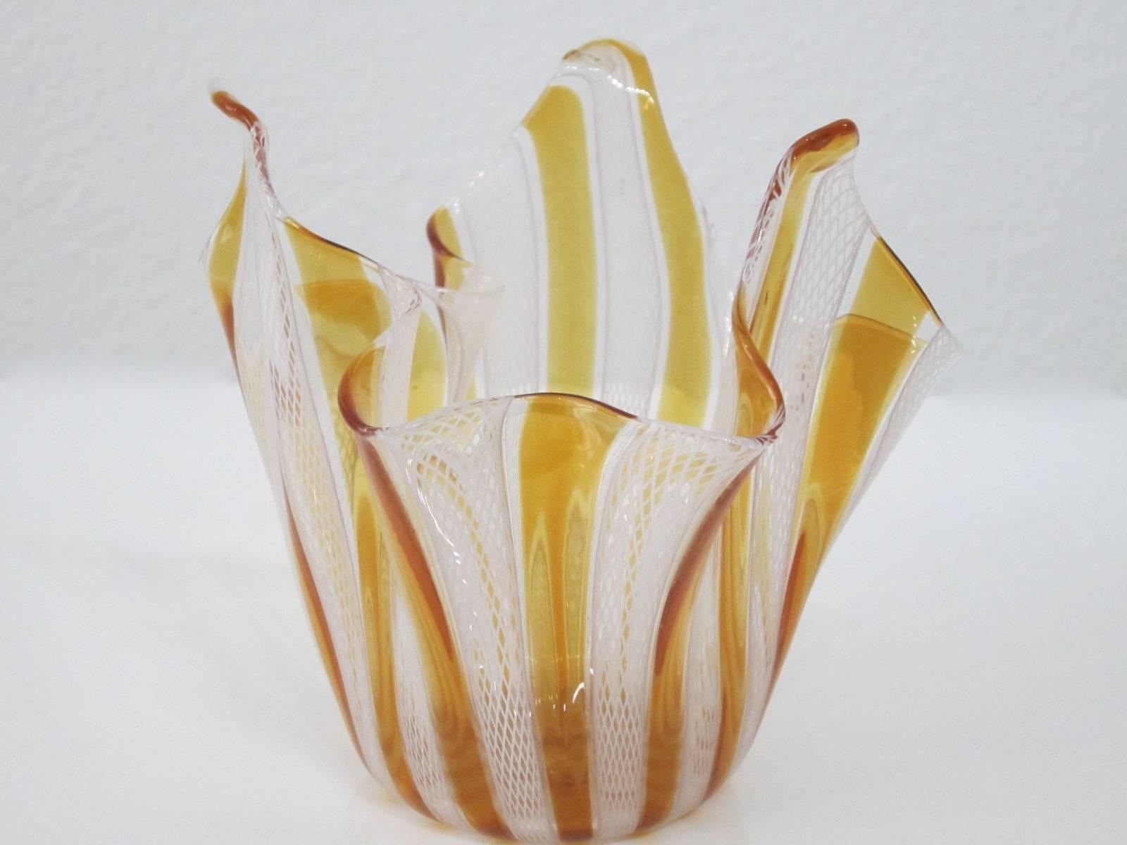 Handblown Murano Glass Amber and White Latticino Handkerchief Bowl 2