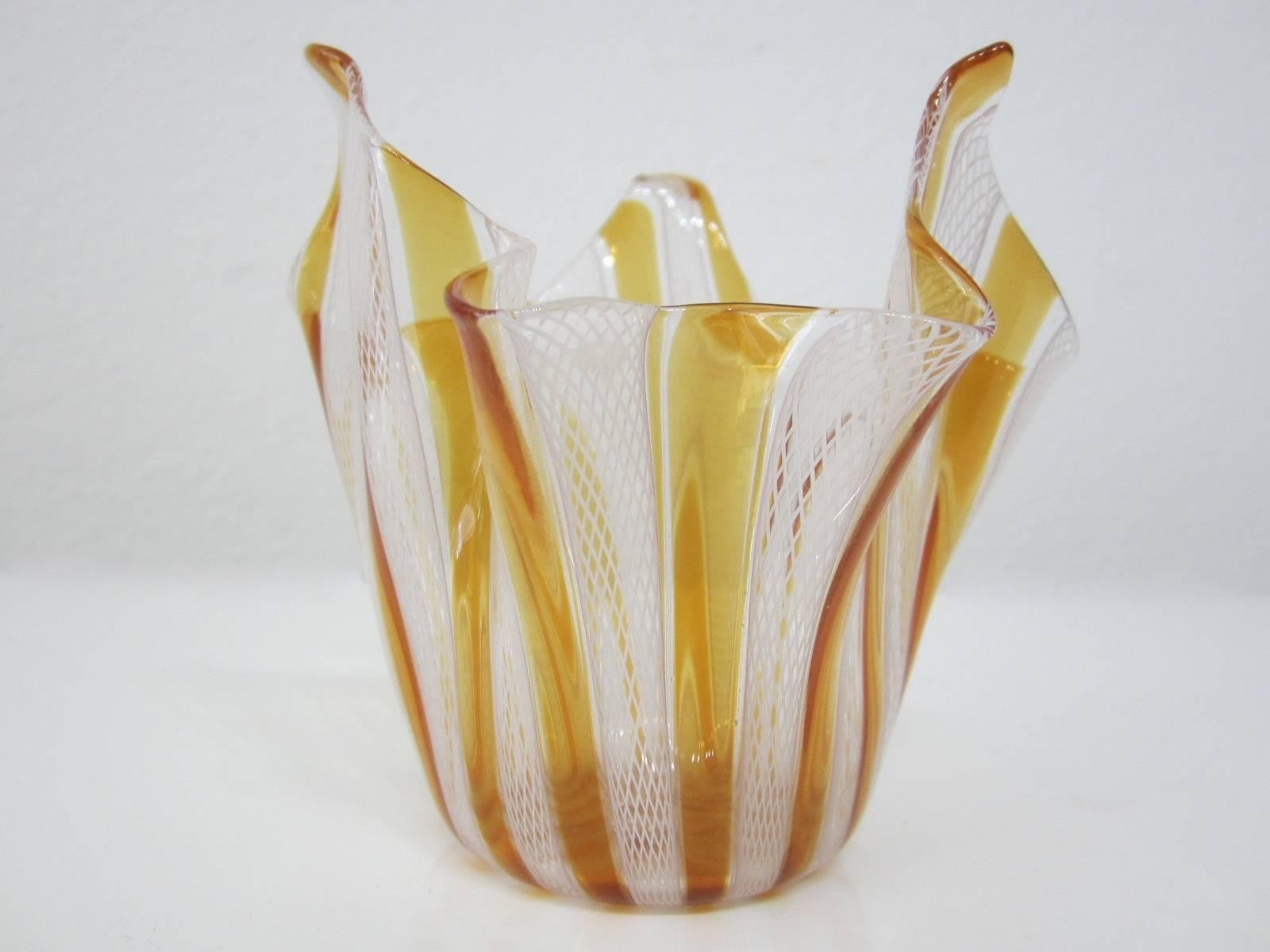 Handblown Murano Glass Amber and White Latticino Handkerchief Bowl 3