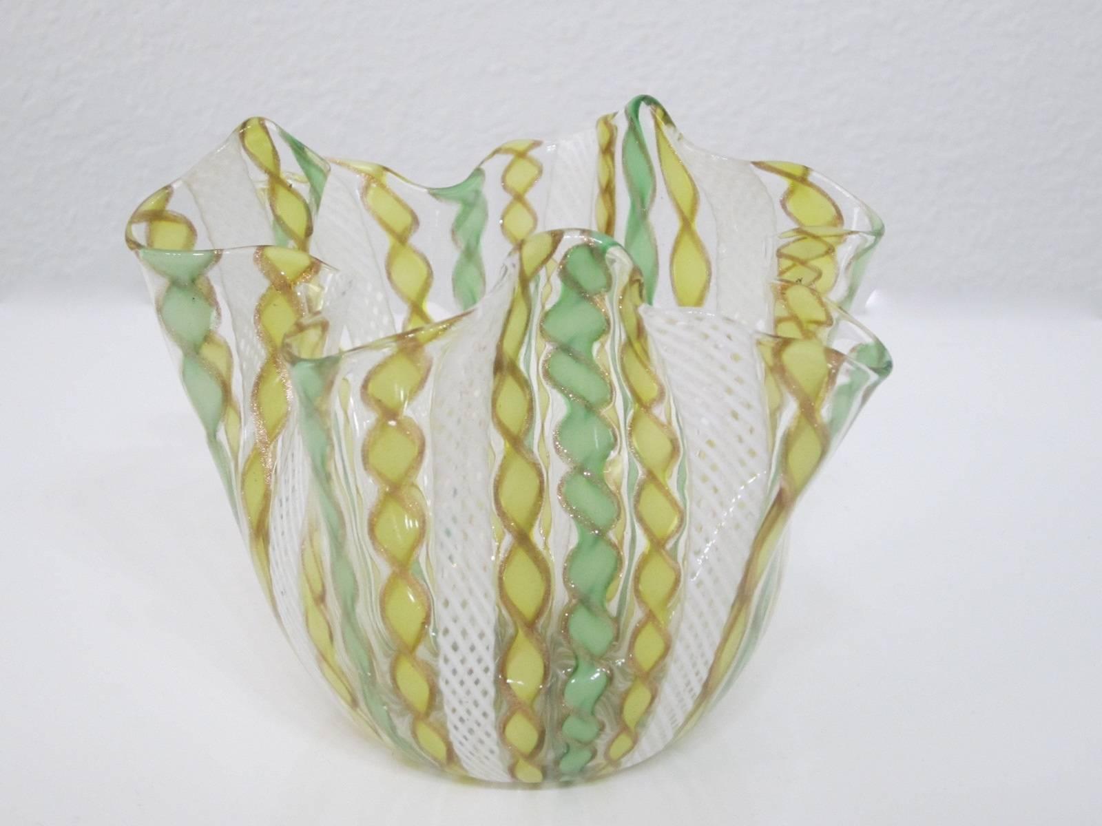 Mid-Century Modern Fazzoletto Latticino Handblown Murano Glass Handkerchief Vase by Venini