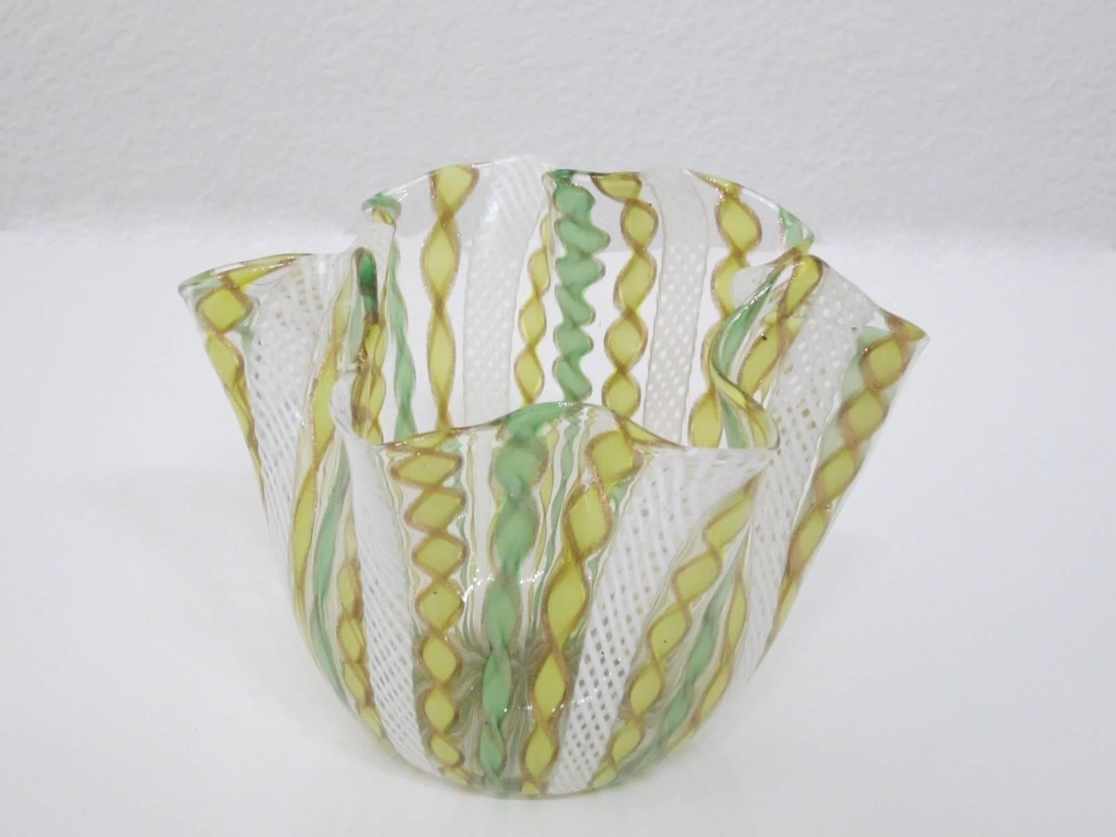 Italian Fazzoletto Latticino Handblown Murano Glass Handkerchief Vase by Venini