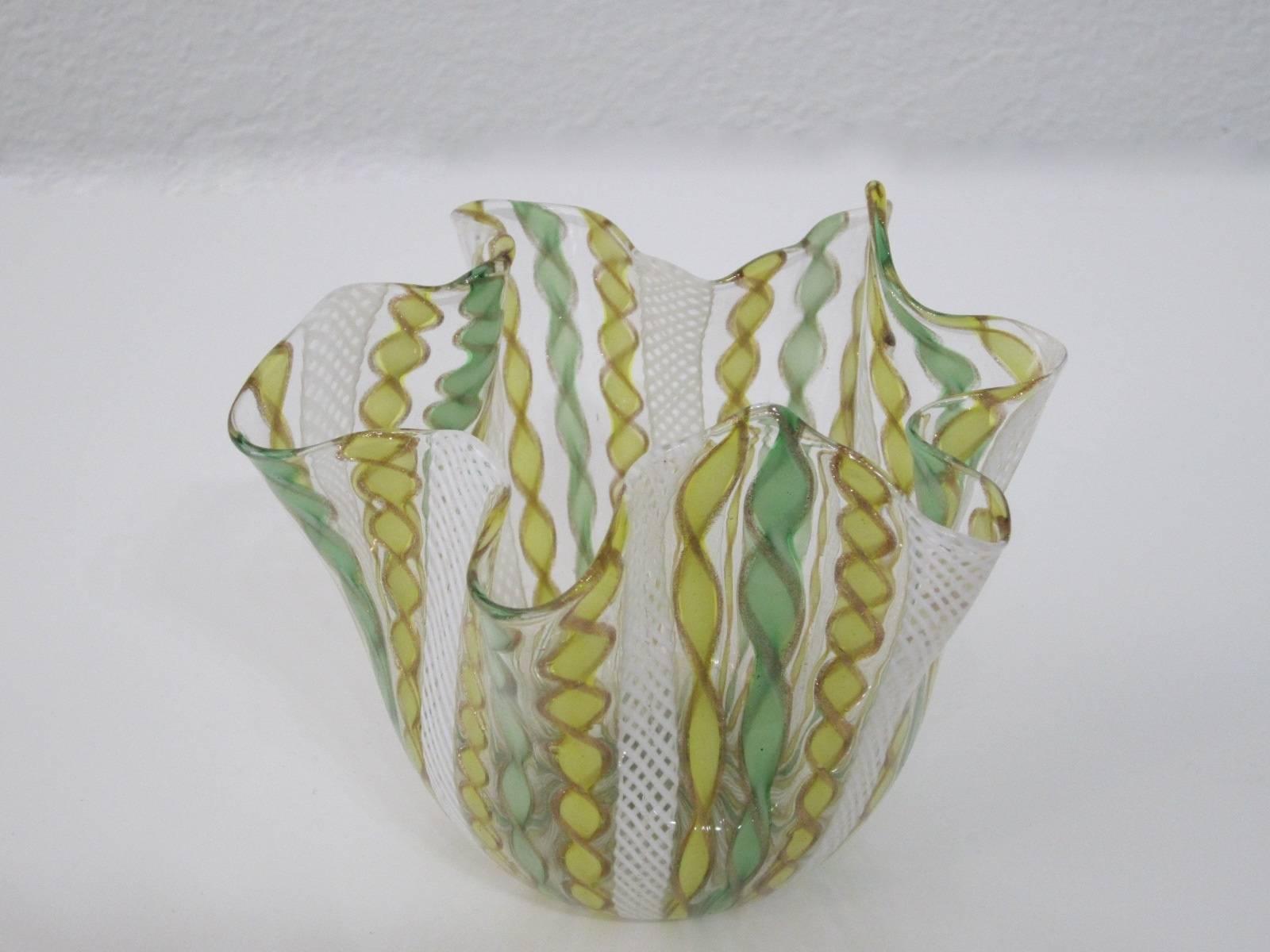 Fazzoletto Latticino Handblown Murano Glass Handkerchief Vase by Venini In Excellent Condition In Miami, FL