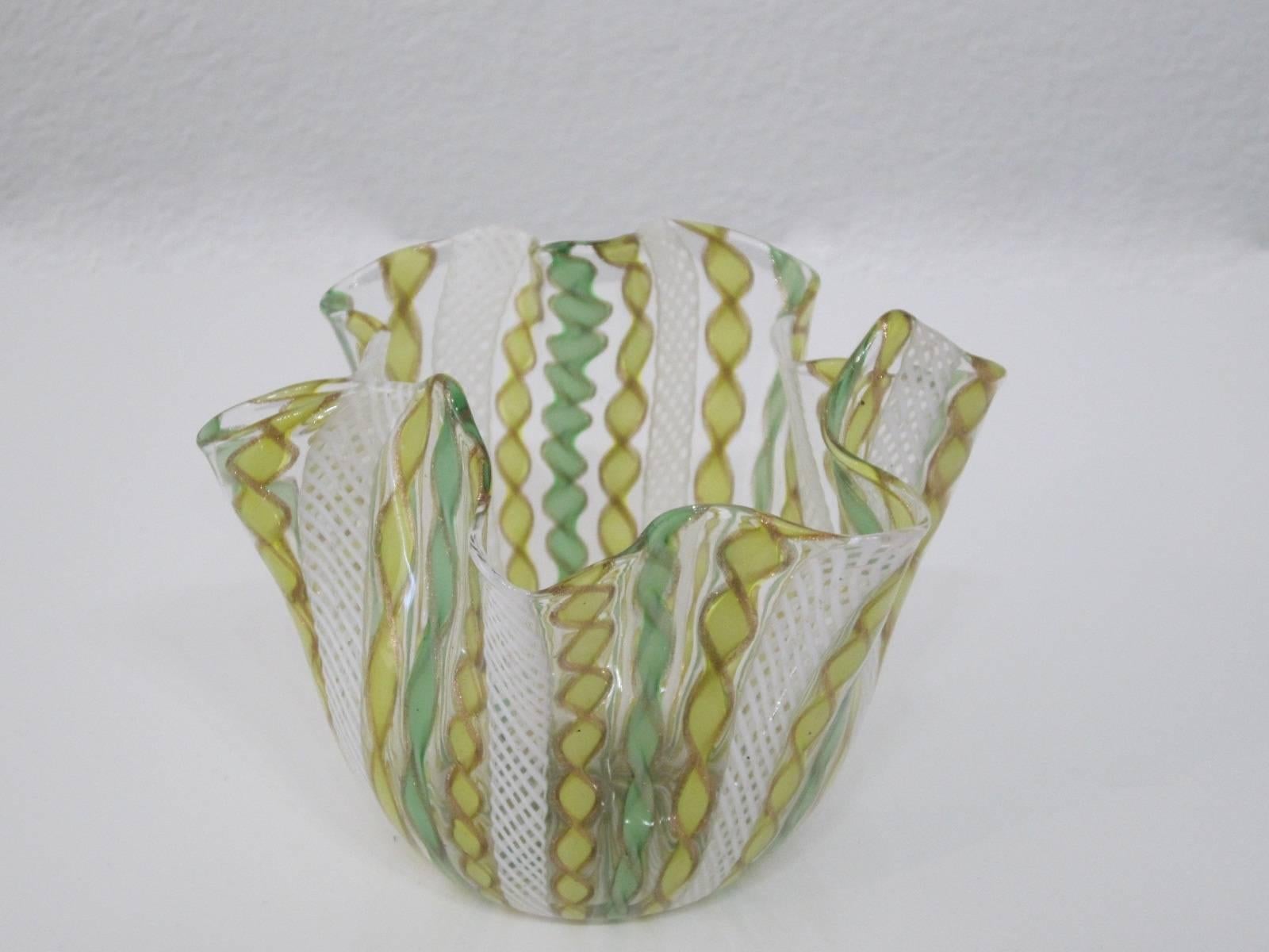 Mid-20th Century Fazzoletto Latticino Handblown Murano Glass Handkerchief Vase by Venini