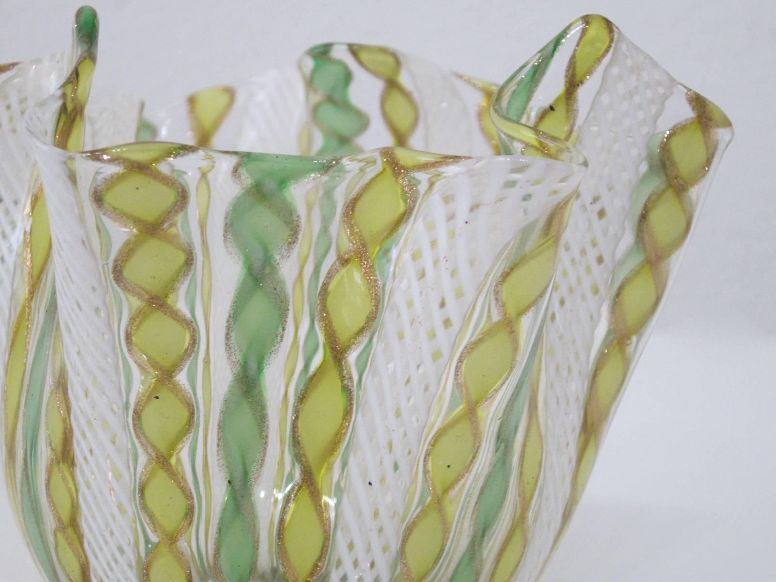 Fazzoletto Latticino Handblown Murano Glass Handkerchief Vase by Venini 1