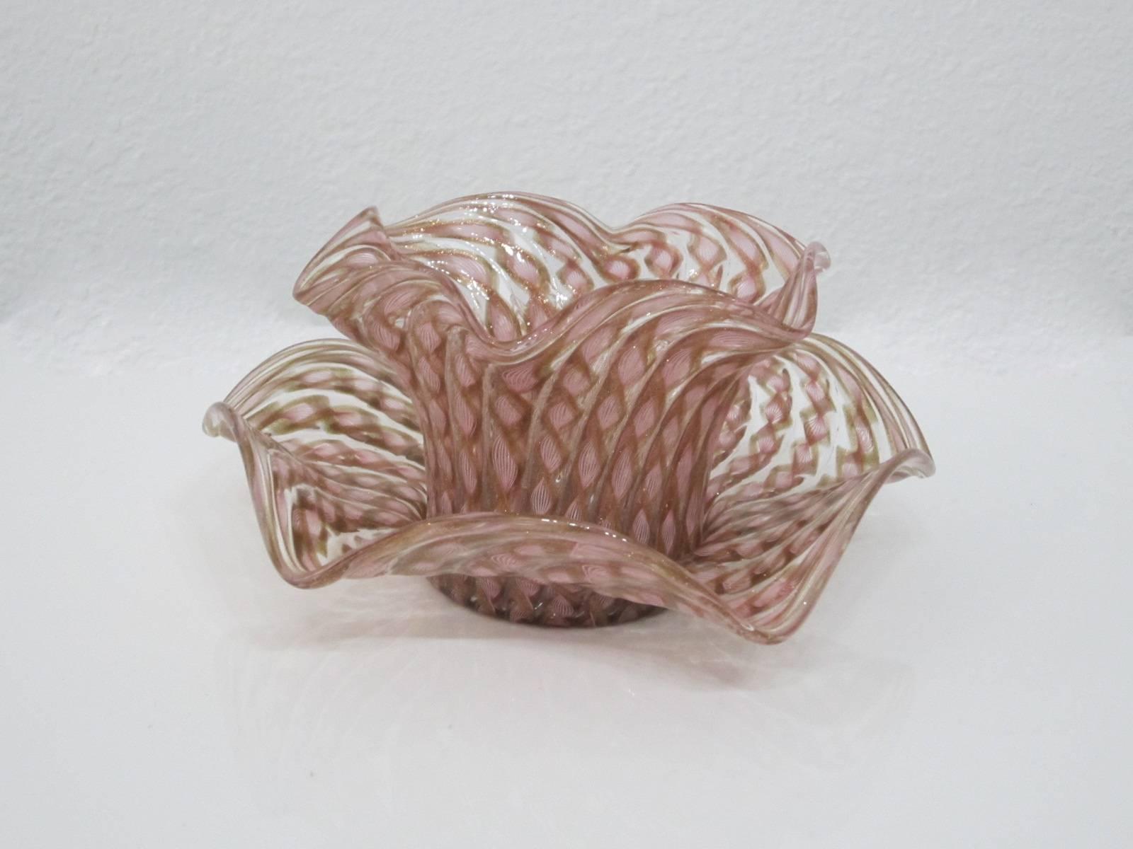 Beautiful handblown Murano glass latticing design scalloped bowl with saucer in pinks and copper.