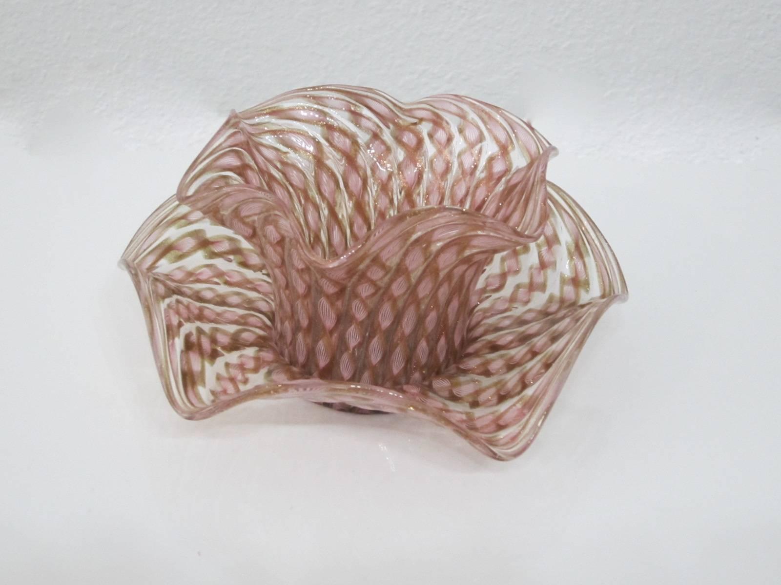Mid-Century Modern Handblown Murano Glass Pink and Copper Latticino Bowl with Saucer For Sale