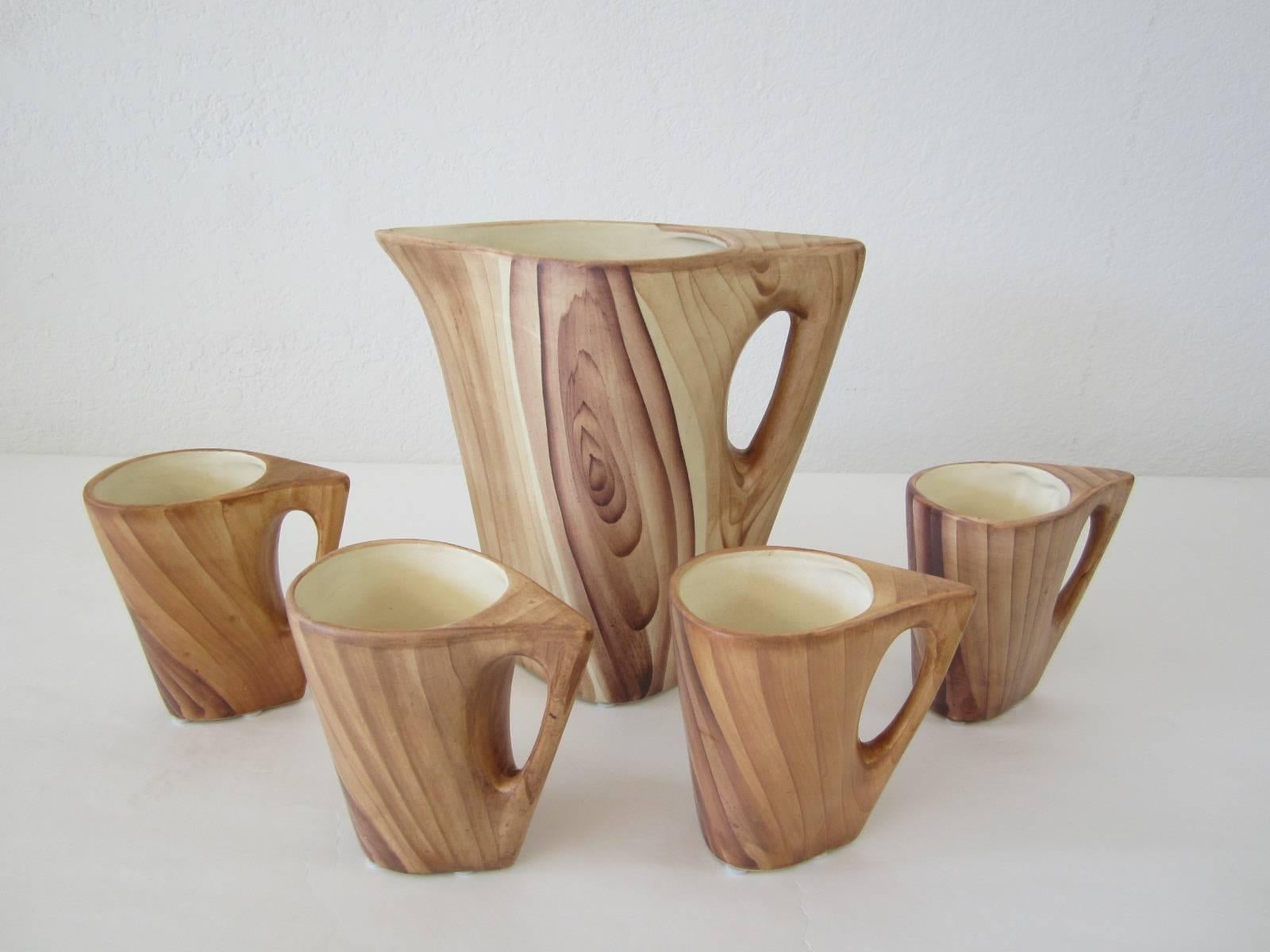 Mid-Century Modern Vallauris Faux Bois Ceramic Lemonade Set with Pitcher and Four Cups