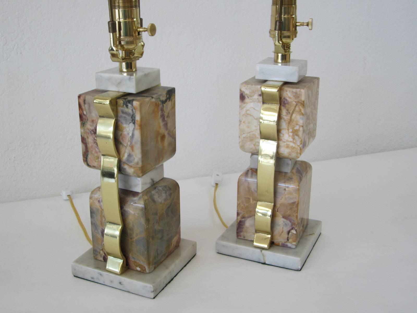 American Pair of Stacked Marble Block Table Lamps For Sale